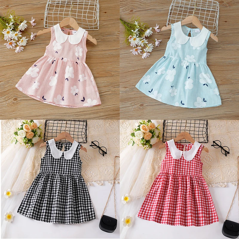 

Summer Girls Dress Children's Sleeveless Flower Printed Doll Collar Princess Dress Baby Cotton Line Plaid Dress