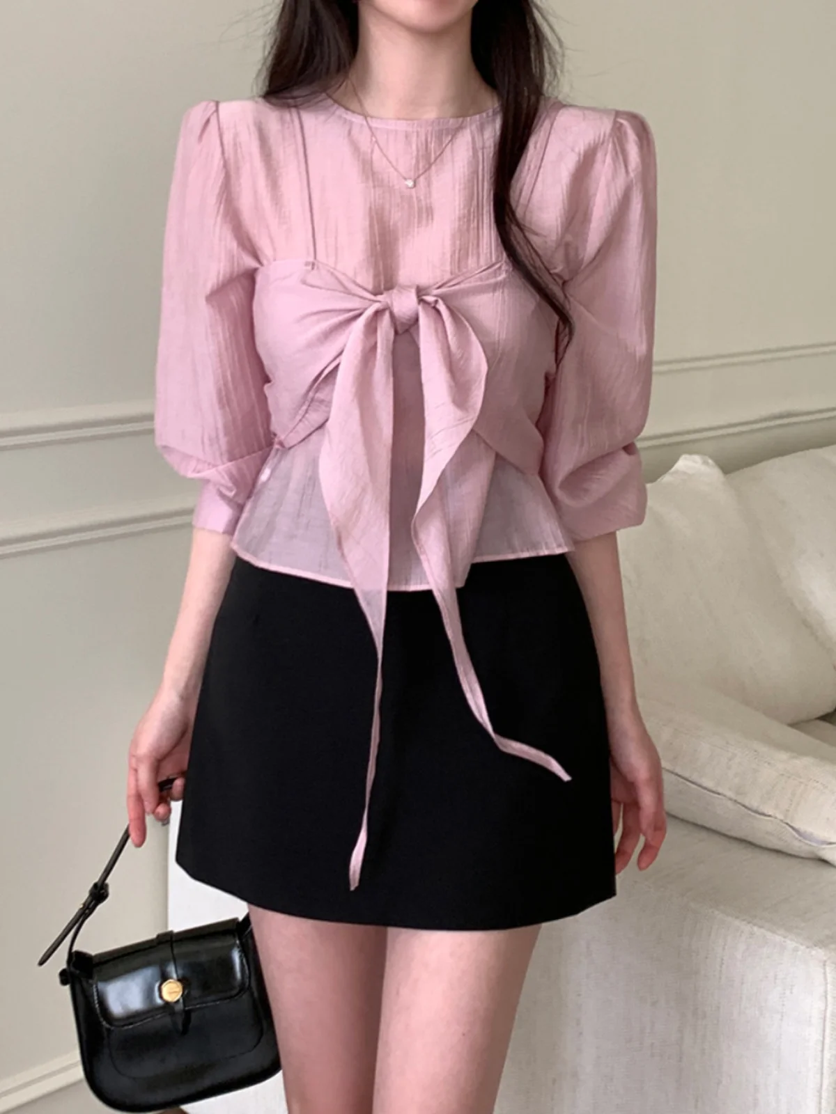 春韓国風甘い優しい蝶結び長袖シースルーシャツレディースツーピースセットカジュアル快適なゆったりフィット