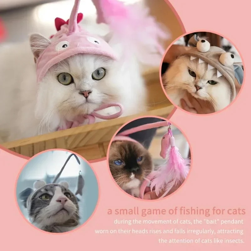 Pet Headwear Feather Fun Cat Toy Funny Little Dinosaur Big Eyed Fish Penguin Bee Shape Hat Cats Self Hi Artifact Pet Supplies