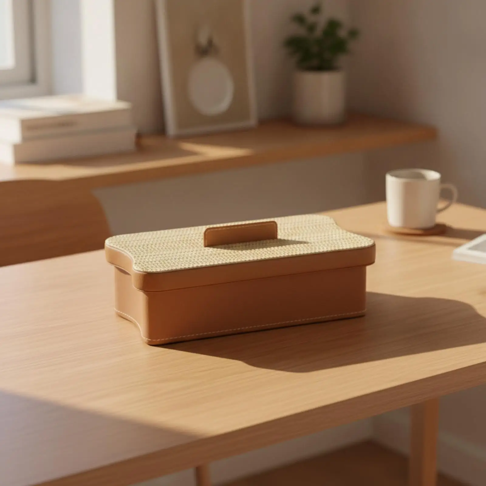 Woven Lid Storage Box with Leather Handle Handcrafted Wooden Decorative Storage Box with Handle Sturdy for Tabletop Display,