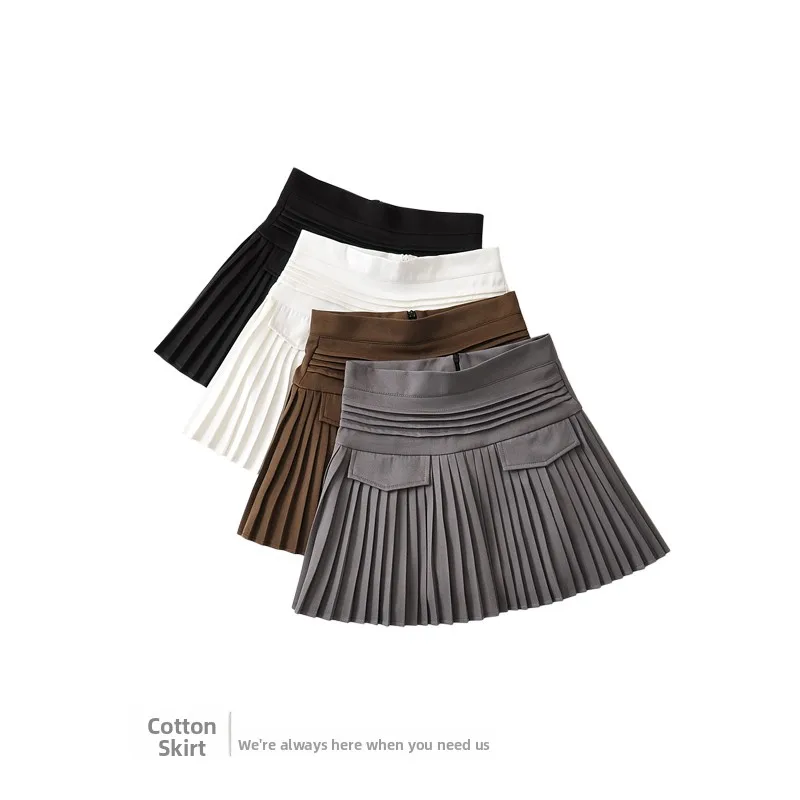 High Waist Pleated  Skirt Fake ket Anti Exposure a Line Skirt Retro Commute Pure Color Spring  Women's Faion