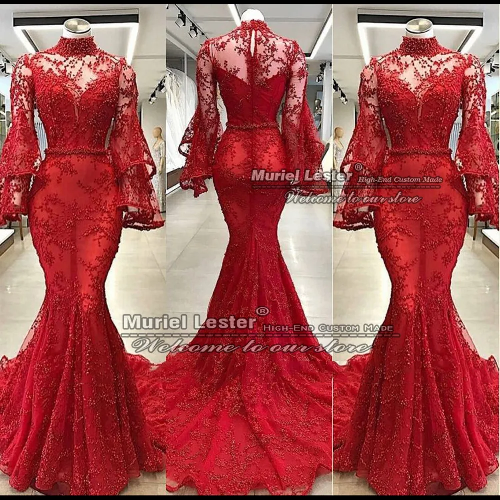 Lente Rood Kant Mermaid Lange Prom Dresses Puffy Mouwen Kralen Vrouwen Huwelijk Bruids Avondfeest Jassen Sukienka Wieczorowa