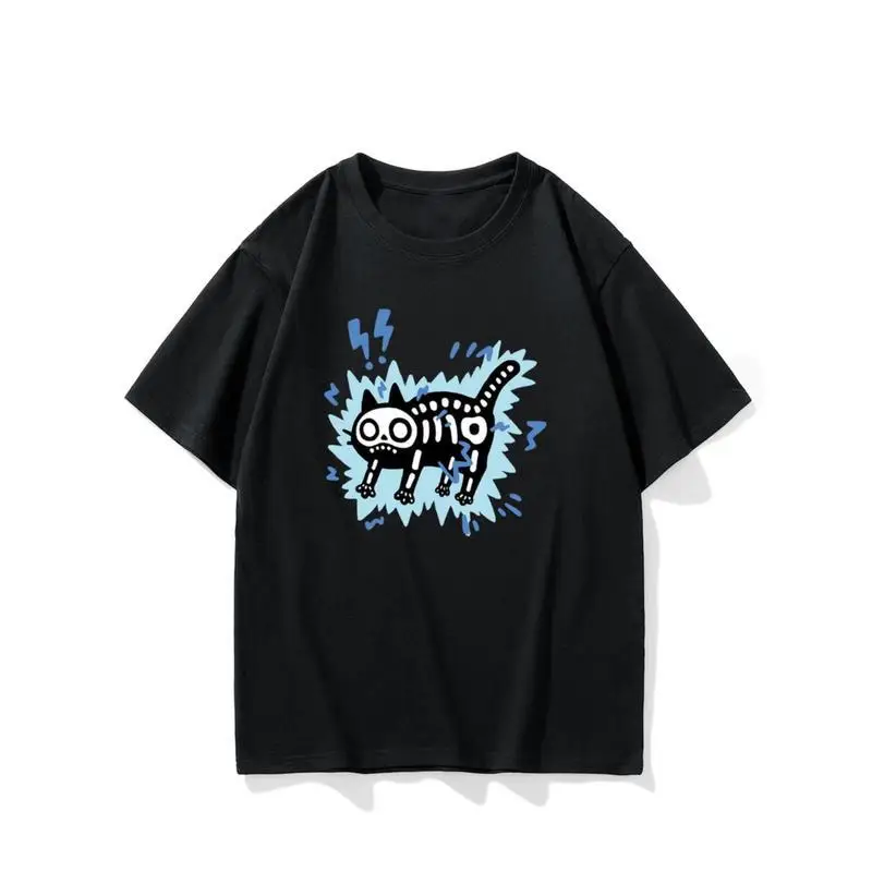 

Женская футболка с милым скелетом и котом, винтажная уличная одежда в стиле эмо, готика, панк, свободные топы