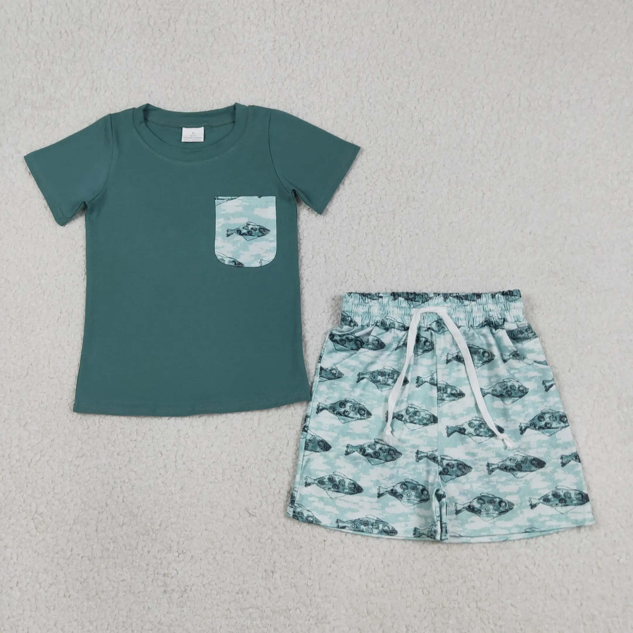 Wholesale Baby Boy Summer Set Children Short Sleeves Shirt Green Tee Toddler Pockets Fish Shorts Kids Boys Outfit Clothing