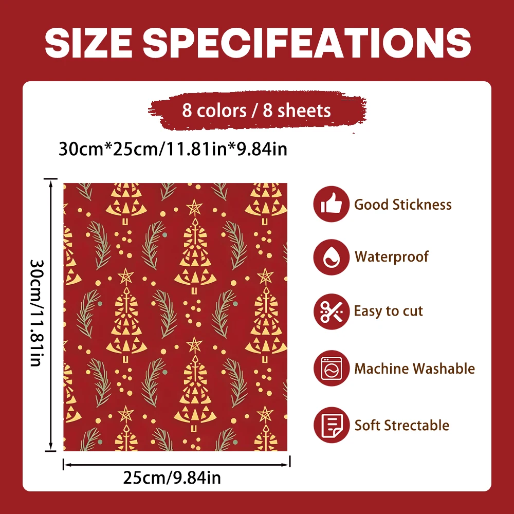 8Pcs Retro Holiday Iron-on Film, Gold Bell Pine Ball Pattern, Fade-Resistant for Refurbishing Old Apparel