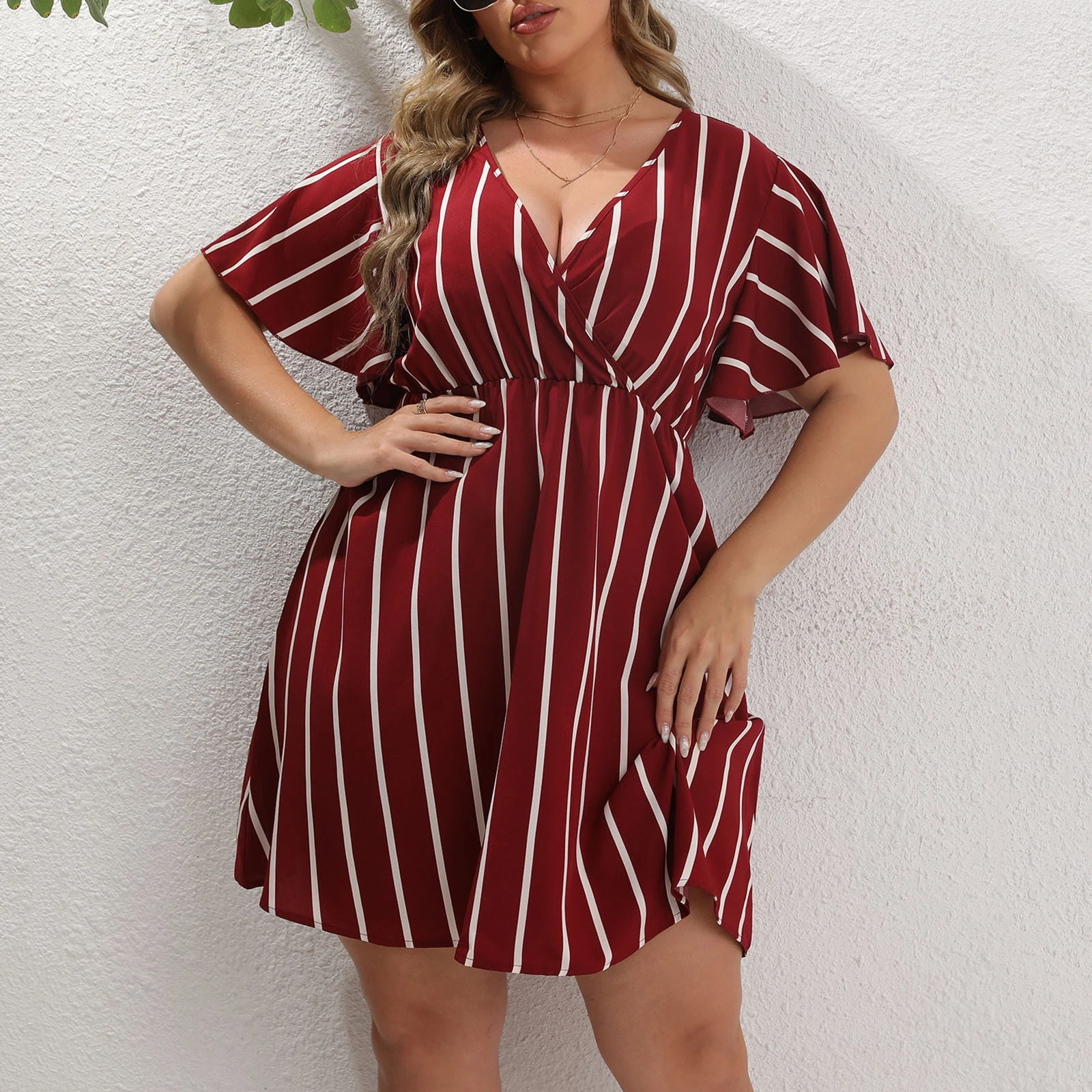 Robe d'été à rayures pour femmes, grande taille, style Boho, col en v, manches courtes, taille élastique, robes amples décontractées