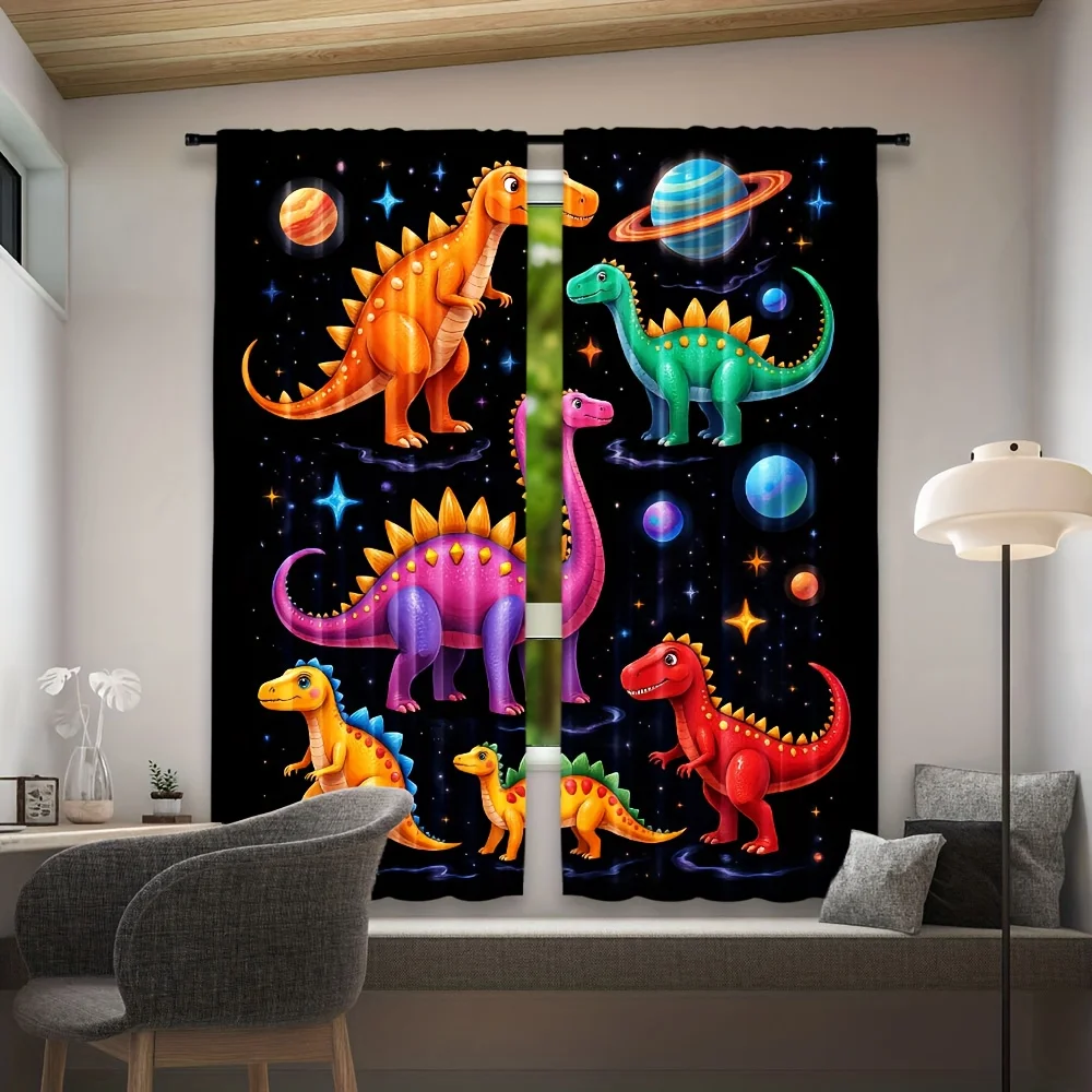 Vivid Colorful Space Dinosaur Curtain 2 Panels Planet Twinkle Star Black Inn Room Curtain Fun Kids Dino Bedroom Home Decor