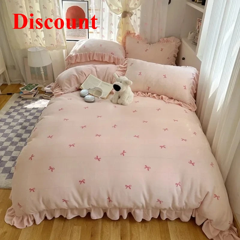 

2025 new class A Korean version bow lace milk fleece four-piece set coral fleece winter thickened bedding