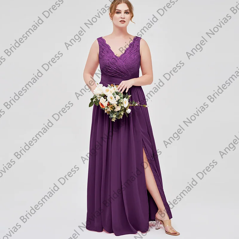 Customized Long Purple V Neckline Chiffon Bridesmaid Dresses with Split Wedding Party Maid Of Honor Dress robes invitée mariage
