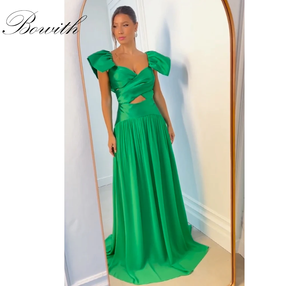 

Bowith Green Cap Sleeves Evening Dresses A-Line Floor-Lengrh Prom Dresses Customized Satin Party Dresses for Banquet