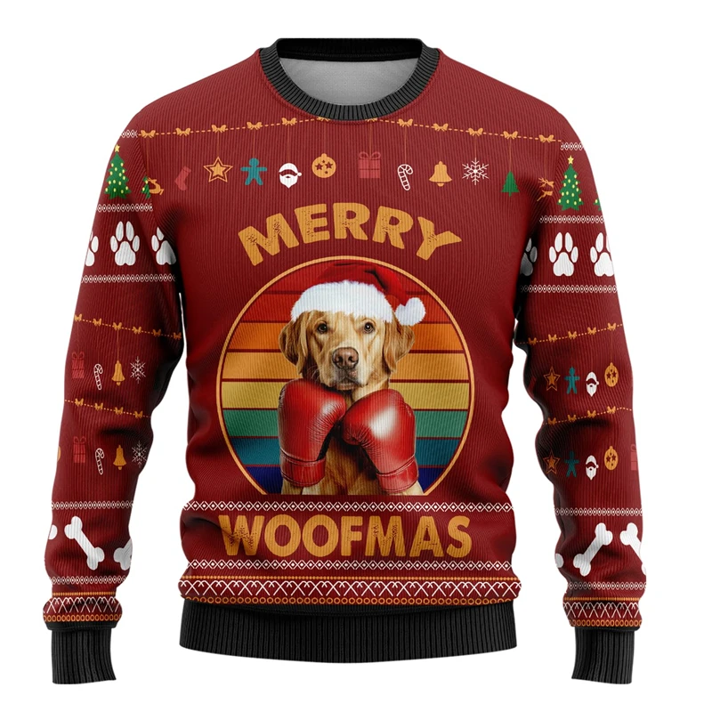 Funny Boxing Dog Graphic Sweatshirts Labardor Bulldog German Shepherd Ugly Christmas Sweater Xmas Holiday Pullovers Pet Sweaters