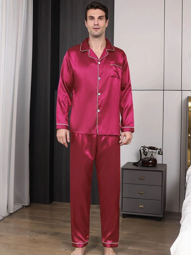 طقم بيجامة رجالي من الساتان سادة بأكمام طويلة وأزرار أمامية وسراويل قماش قابل للتنفس لملابس النوم الصيفية ملابس النوم Pjs