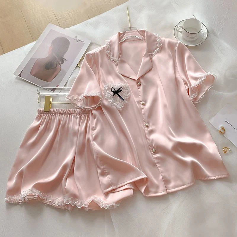 

2025 женская сексуальная ночная рубашка, милые корейские розовые шорты с короткими рукавами, комплект домашней одежды, кардиган с лацканами и кружевными краями, женские пижамы