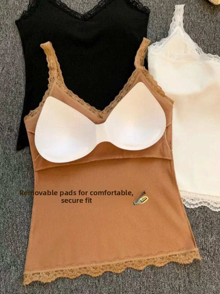 레이스 트림 V넥 스트랩 베스트 여성 이너웨어 가슴 패드 내장 슬림핏 따뜻한 베이스 레이어 퓨어 디자이어 걸 슬레