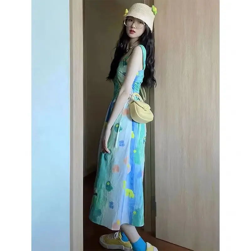 

Women's 2024 Summer New Design Feeling Tie Dyed Printed Waist Closing Long Dress With Suspended Dress