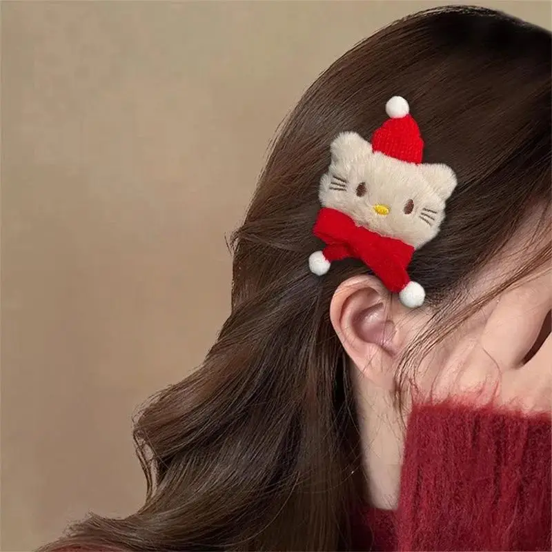 Kawaii Sanrio Hello Kitty Plush Hair Clip Cartoon Anime Red Cap Red Scarf Kt Hairpin New Year Atmosphere Hair Accessories Gifts