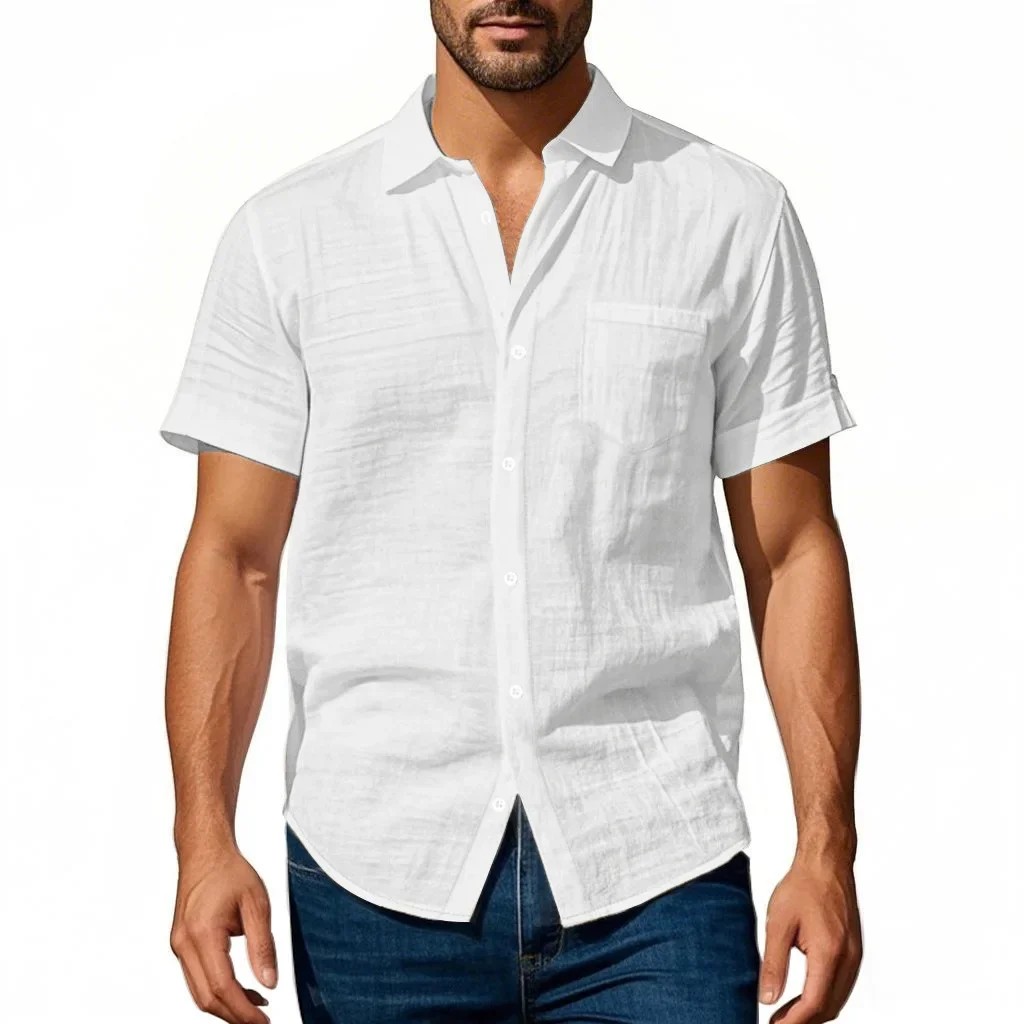 

Men's Summer New Fashion Turn-down Collar Single Breasted Short Sleeve Shirts Casual Trendy Loose Solid Color Shirts Male Tops