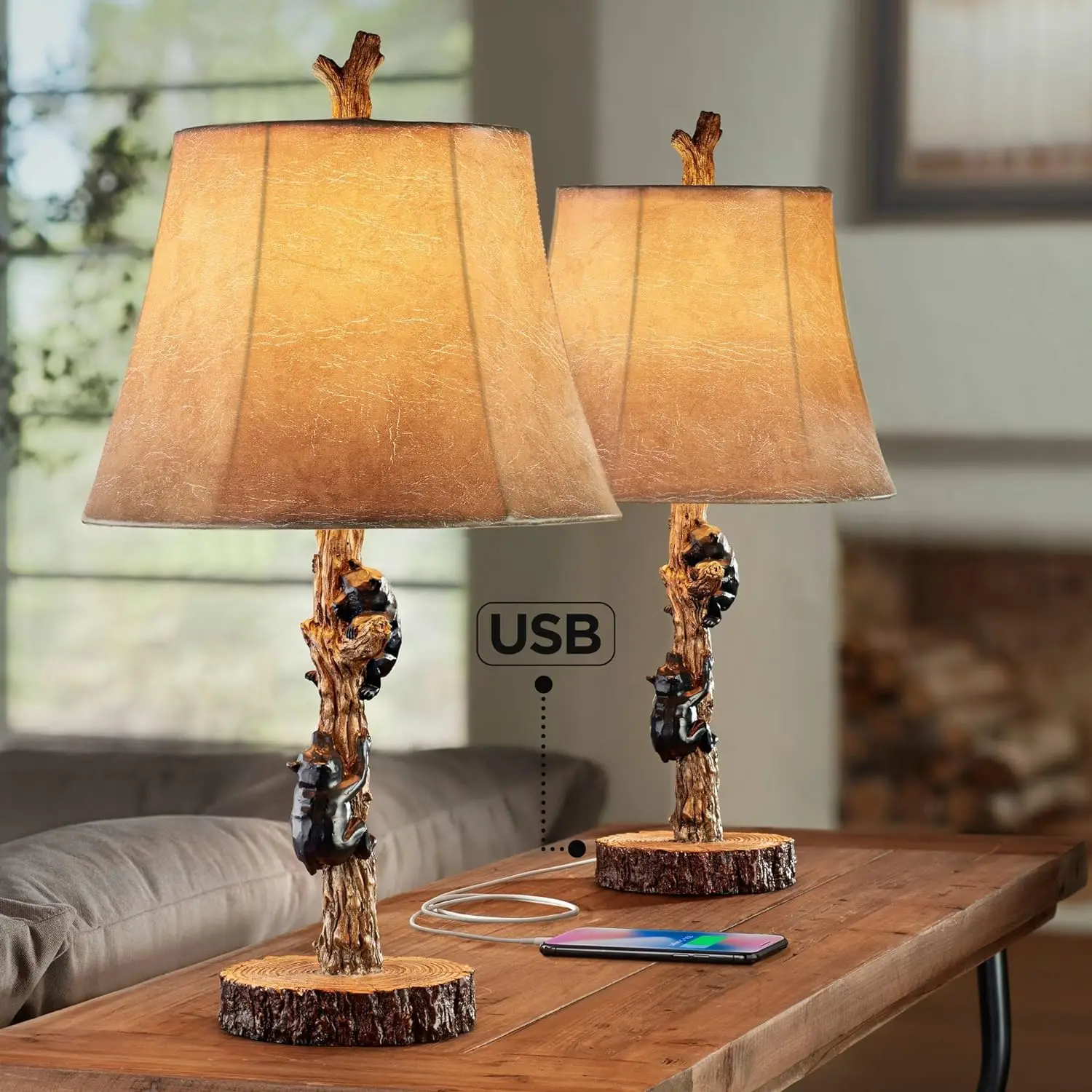 

Climbing Bears 22 1/2" High Small Rustic Style Country Cottage Accent Table Lamps USB Port Brown Black Wood Finish Living R