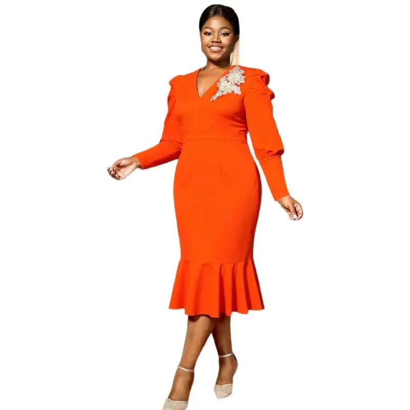 

L-4XL Dashiki African Dresses for Women Autumn Long Sleeve V-neck Wedding Party Evening Orange Midi Christmas Dress Outfits
