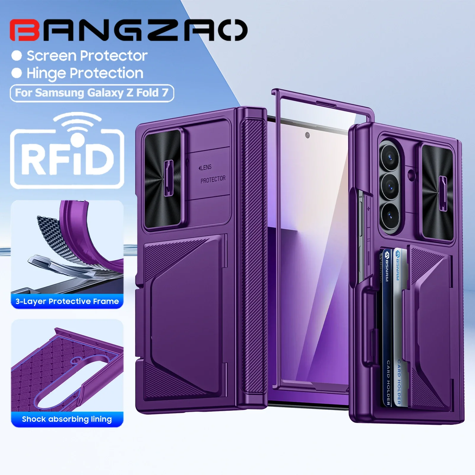 

Чехол для Galaxy Z Fold 7, RFID-кошелек с держателем для карт, защита вала, крышка камеры, противоударный силиконовый защитный чехол-фиолетовый