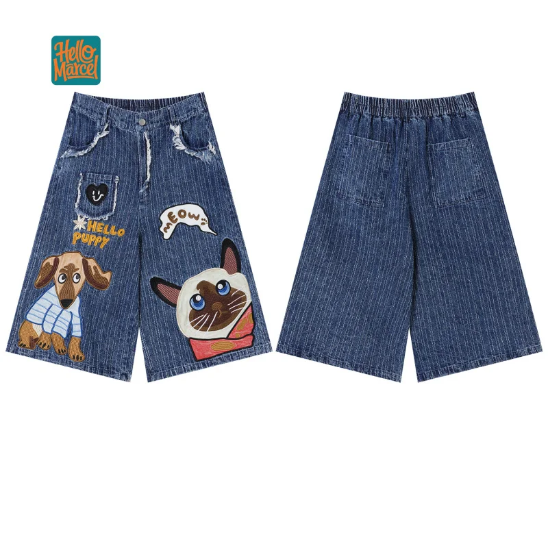 HELLOMARCEL EU US Size Luxury Quality Jean Shorts Street Wear Retro Cartoon Cat Dog Embroidery Wide Leg Eans For Men Women