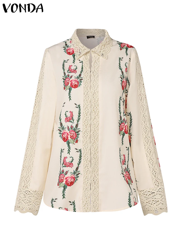 

VONDA Autumn Women Lace Splicing Shirts 2025 Fashion Open Up Loose Lapel Long Sleeve Blouses Floral Print Casual Bohemian Blusas