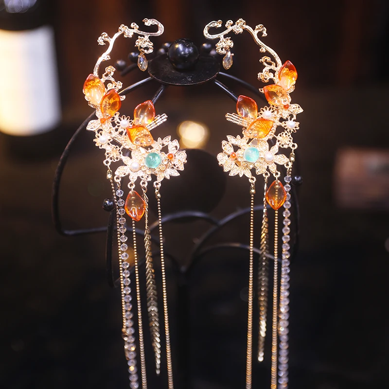 

Antique Hanfu fringed hairpin hair accessories orange pendant hairpin Ming-made Tang-made