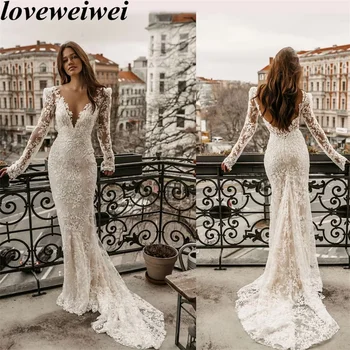 Abito da sposa di classe a sirena per donna Appliques di pizzo con spalle scoperte abito da sposa manica lunga abiti da sposa Backless Robe De Mariée