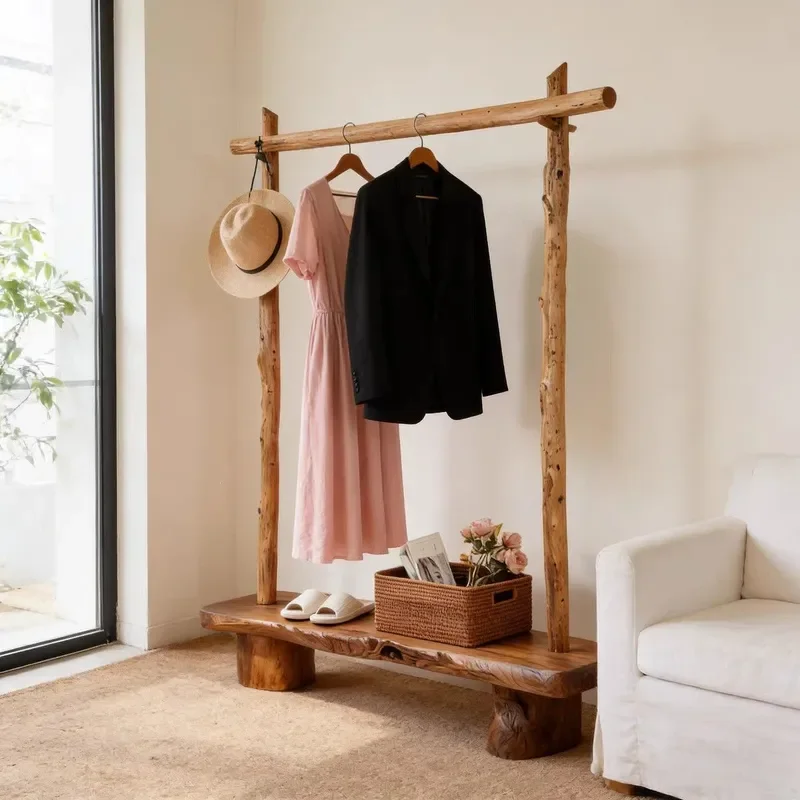 Solid Wood Floor to Ceiling Coat Rack Natural Log Branch Hanger for Bedroom Entryway Clothes Display Stand Rustic Home Decor
