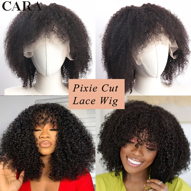 

Afro Kinky Curly Pixie Cut Short Human Hair Wigs 13x6 4B 4C Lace Frontal Wigs With Bang For Women Natural Black Brazilian Hair