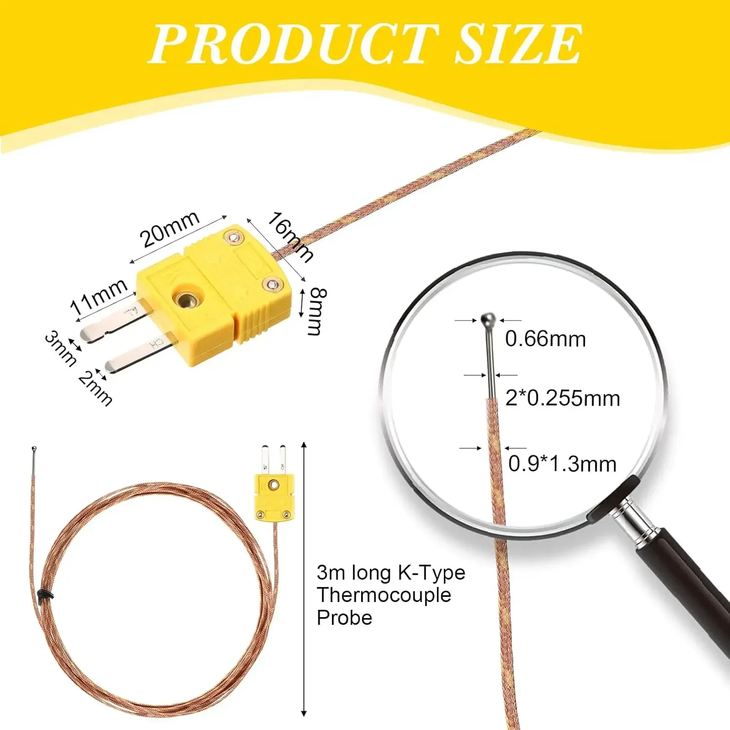 1/3pcs K Type Thermocouple Probe Sensor  Connector, 3 Meters  Range from -50°C to 482 °C