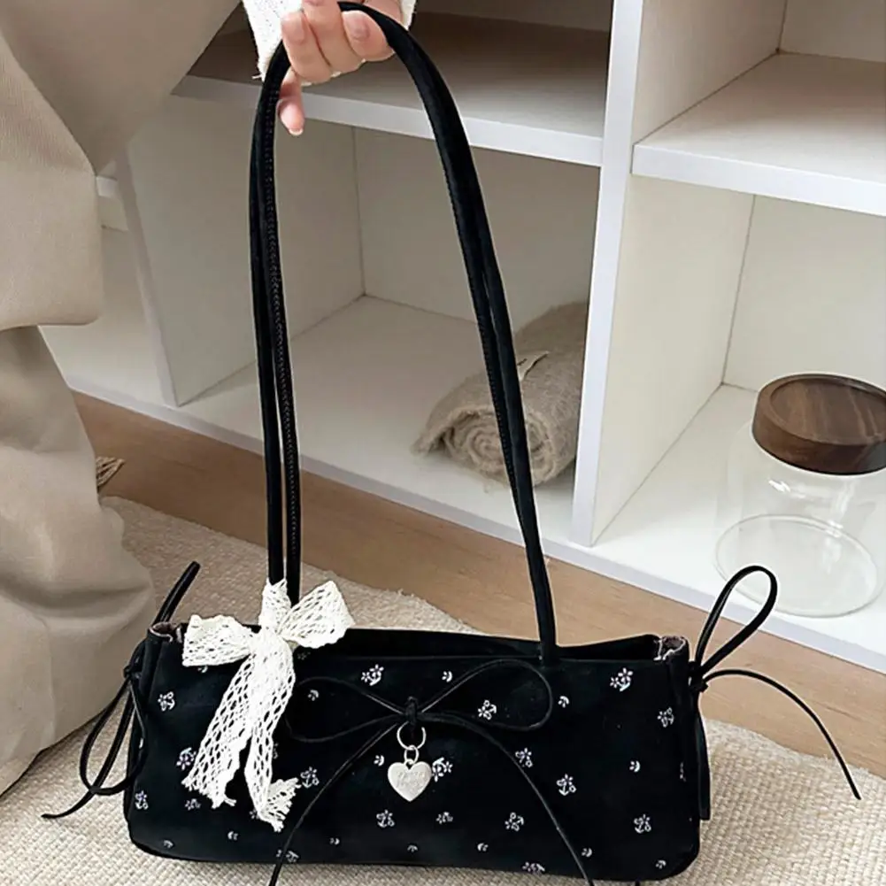 

Floral Pattern Polyester Bag With Lace Bow Heart Charm 32cm White Drawstring Zipper Closure Handle Detail Green Blue Pink B C3v1