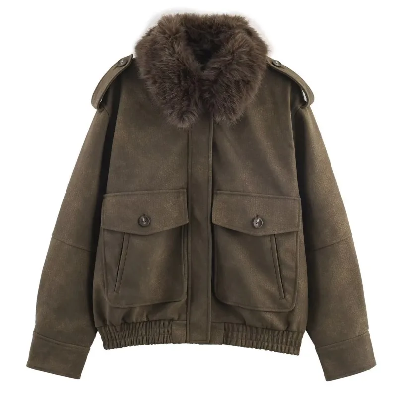 

2025 женская зимняя куртка в стиле ретро со съемным меховым воротником и карманами, верхняя одежда с длинными рукавами, теплое пальто, повседневная одежда в уличном стиле, повседневная одежда
