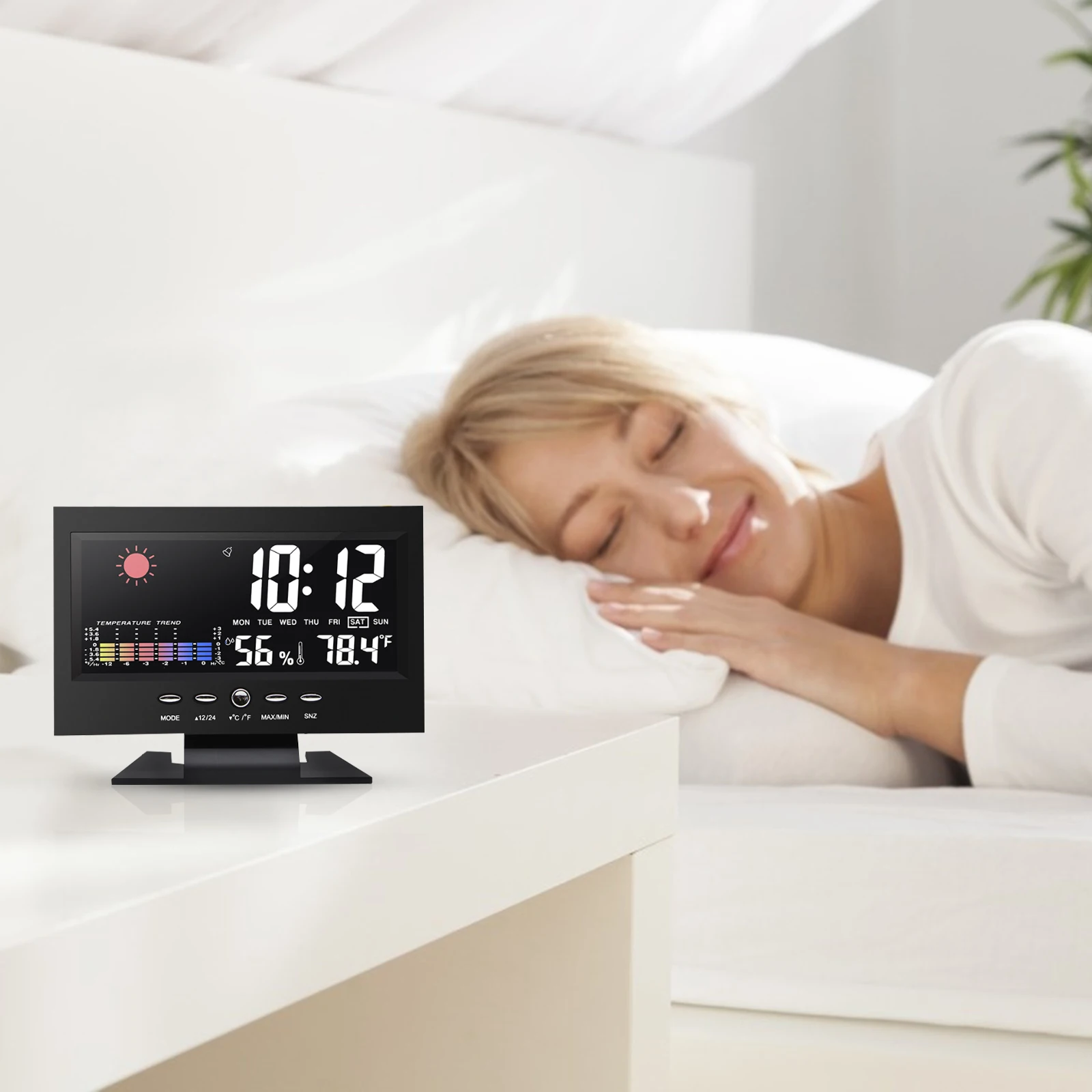 

Electronic Clock Color Screen LED Alarm Digital Voice Control Black Plastic Office