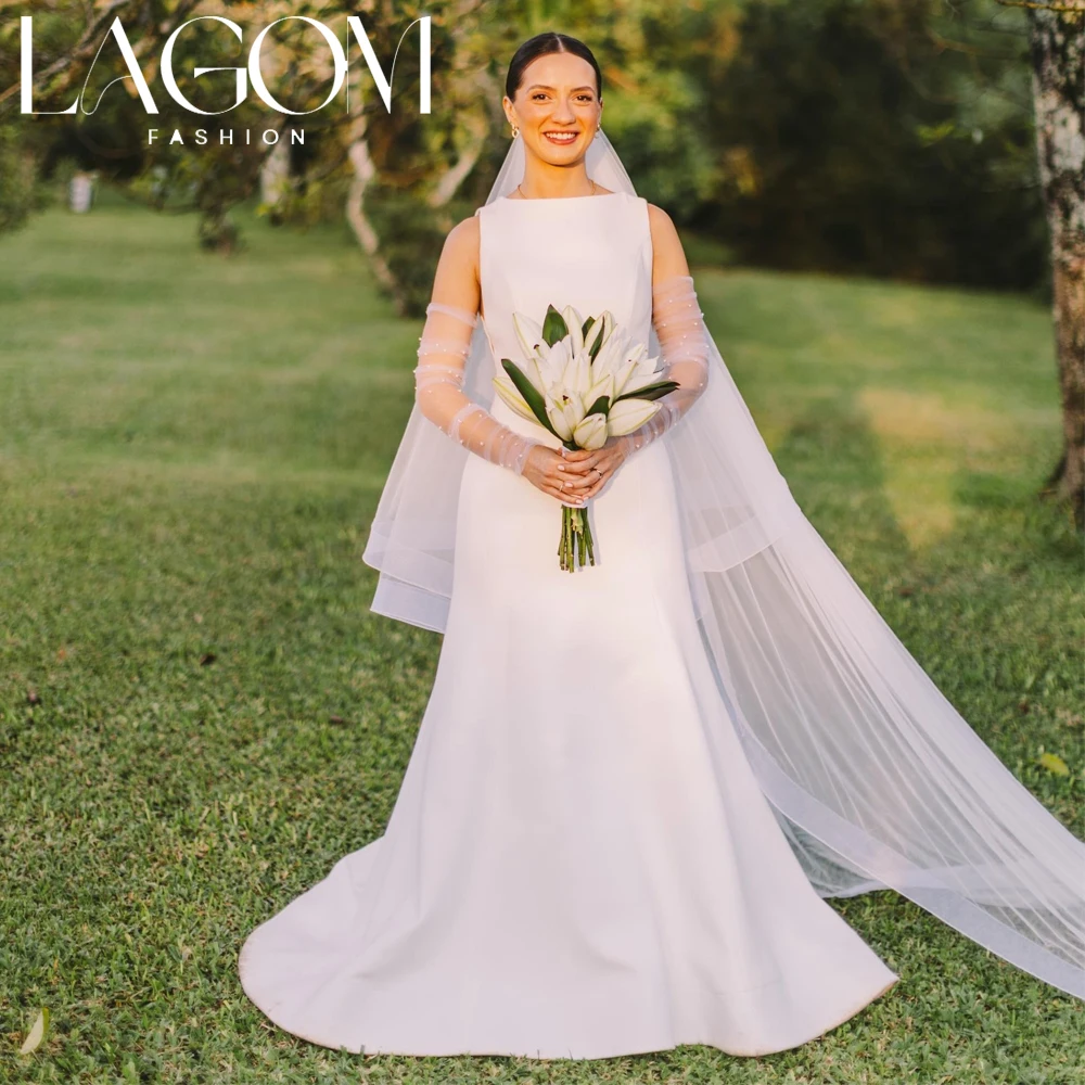 Lagom Exquisite White Boat Neck Sleeveless Wedding Dress Satin Floor Length 2026 New Elegant A Line Vestido de novia Customized