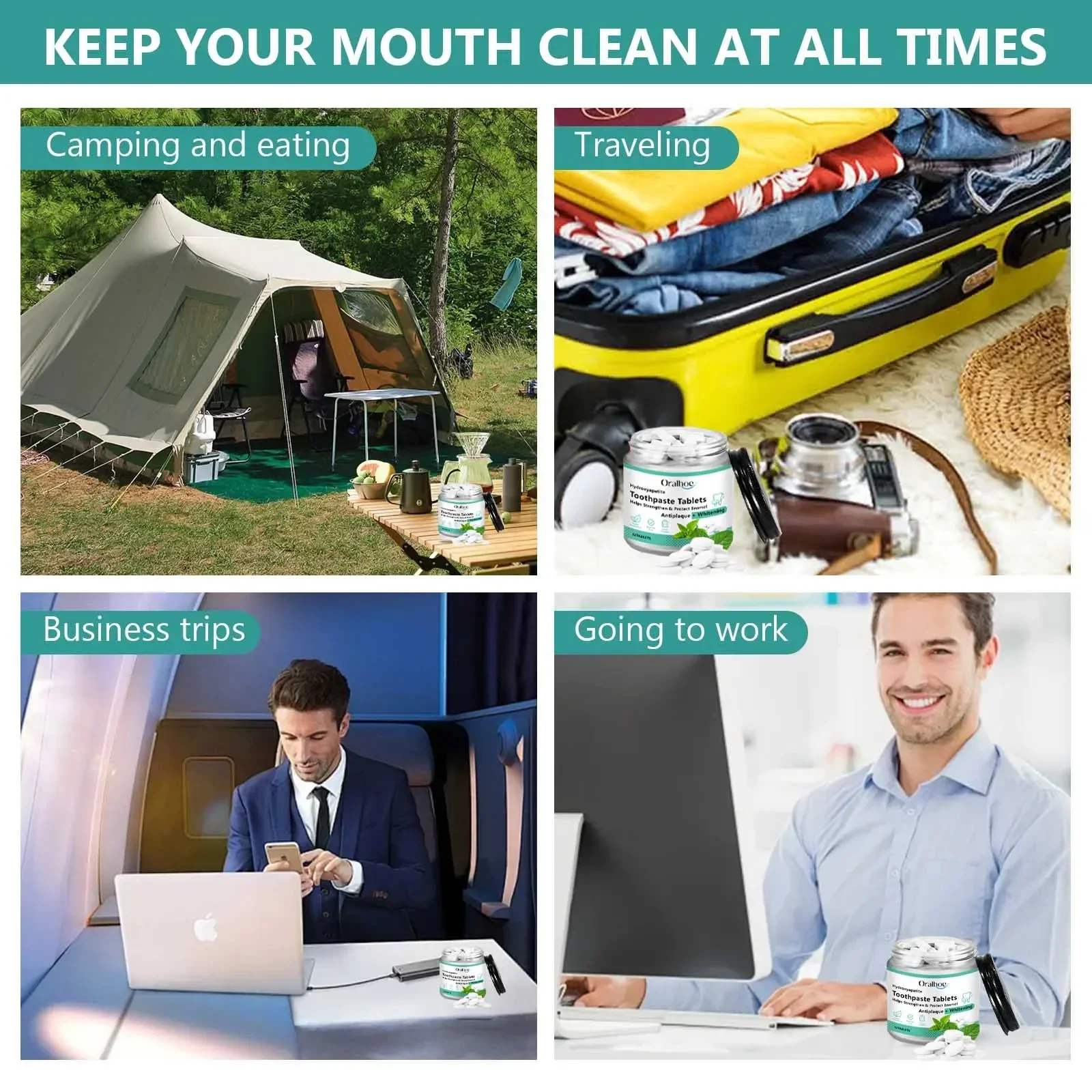 Mint flavored chewable toothpaste tablets improve bad breath, remove smoke stains, and refresh oral hygiene. 62 tablets