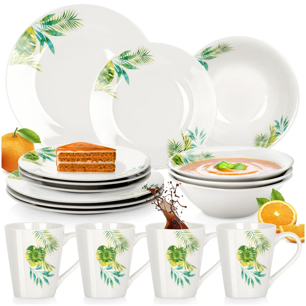 Lunchservice set porselein witte planten 16 EL.