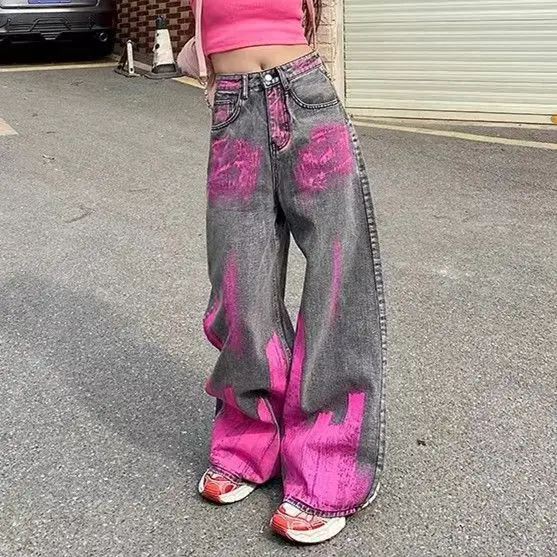 Retro Pink Graffiti Jeans for Women Petite High Street Loose Straight Wide Leg Floor Mopping Pants Trendy Brand