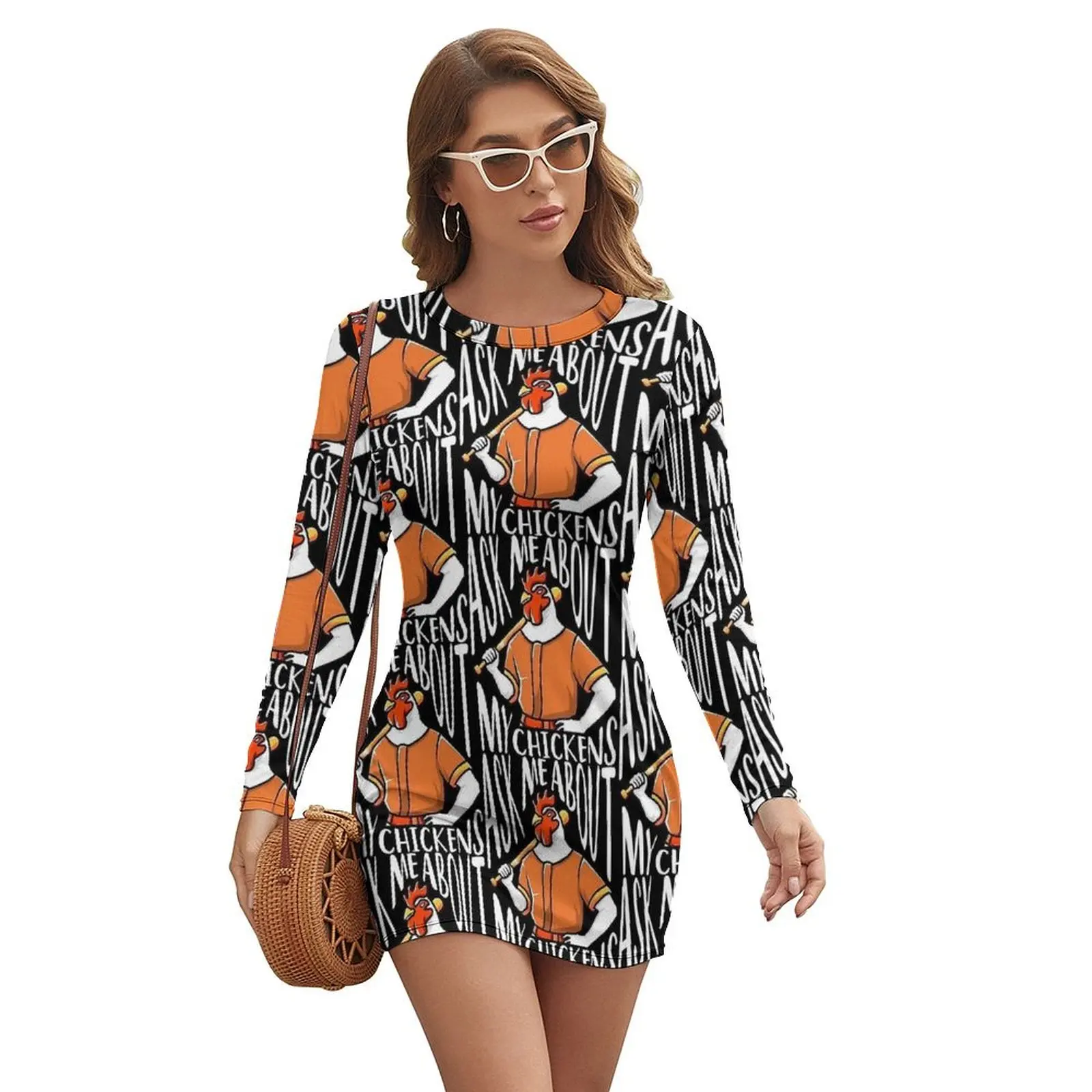 Ask Me About My Chickens Dress Woman  Korean Fashion Bodycon Dress Spring Long Sleeve Sexy Dresses Design Oversize Vestidos