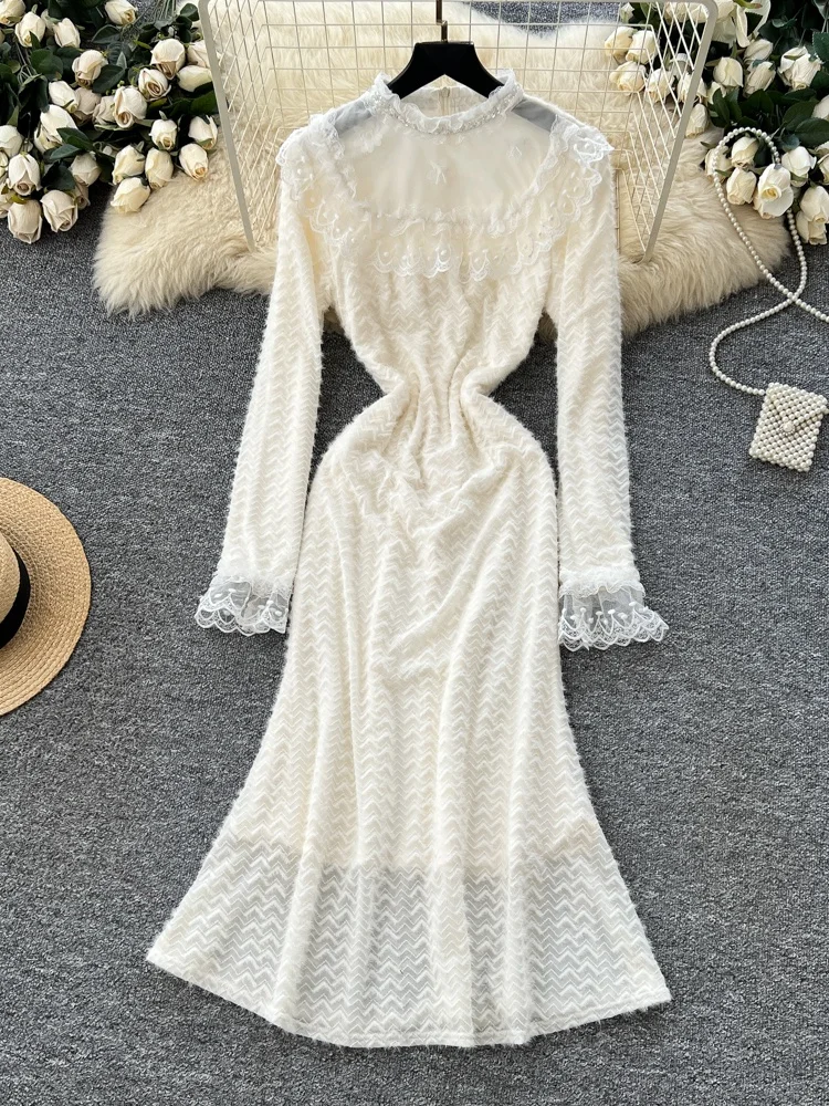 フレンチスレ ロングスベ レーストリム 重刺繍 レディース ドル 秋冬 ハイウエスト Aライン インナーウェア シー通勤