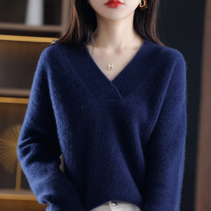 V-Neck Autumn Winter Sweater pullovers Women 2024 loose thick cashmere Sweater Pullover women oversize sweater