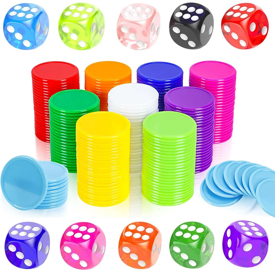 

Набор 100 фишек и 10 кубиков — 19 мм непрозрачные пластиковые счетчики для обучения цвету, мини-фишки для покера, игровые жетоны, реквизит для игры на вечеринку JXB