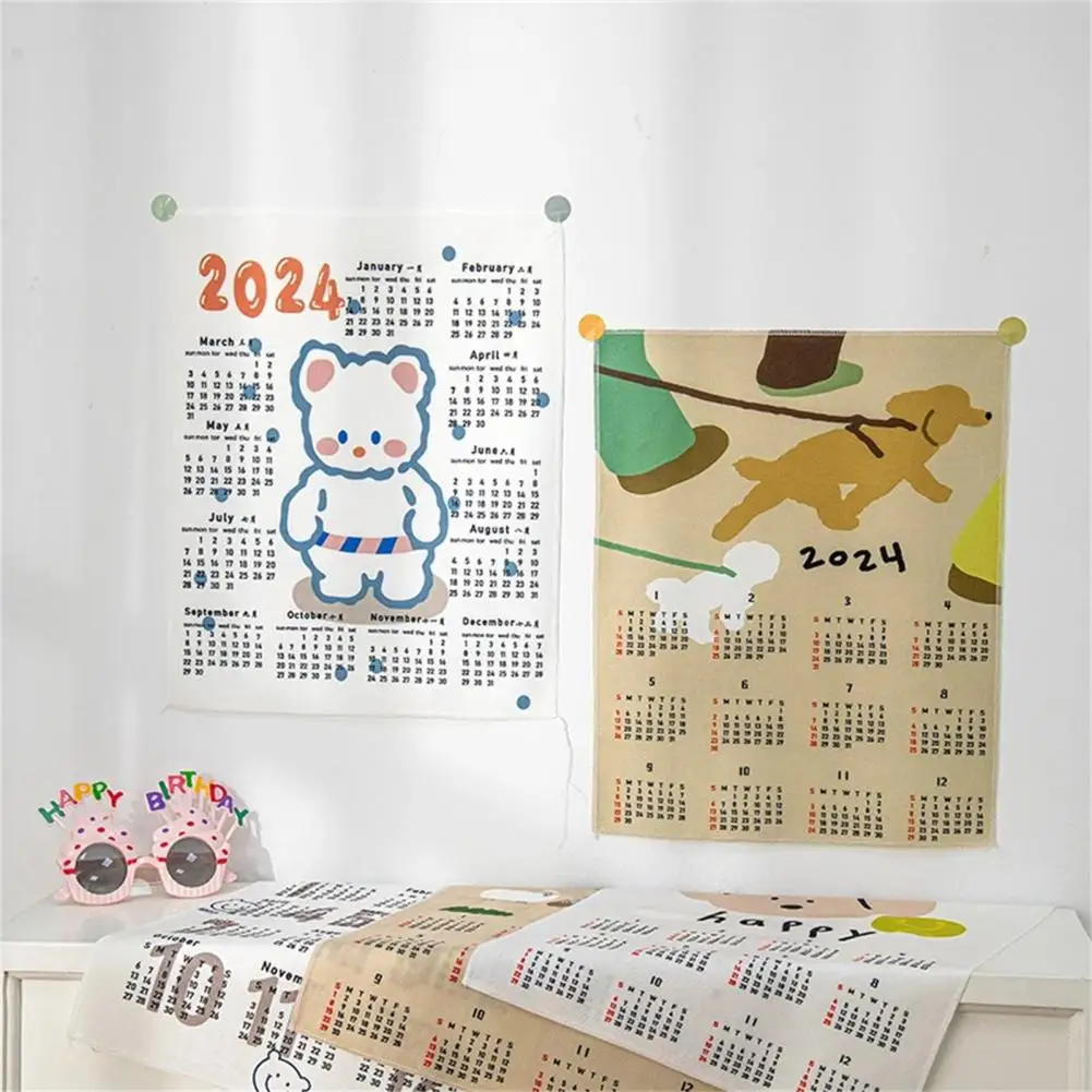 2024 Wandtapijt Kalender Doek Cartoon Patroon Hangende Kalender Decoratieve Wandtapijt Achtergrond Kalender Voor Foto Prop