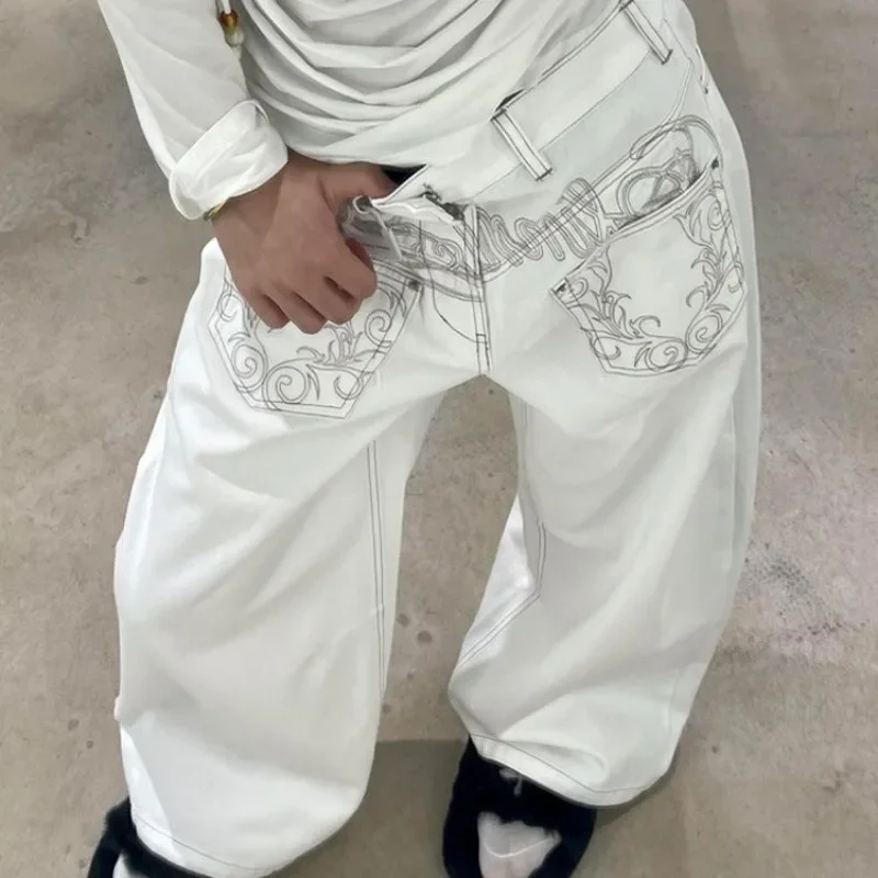 

American Retro Hot Girl Pocket Embroidered White Jeans Woman Fashion High Street Casual High Waist Wide Legs Oversize Jeans