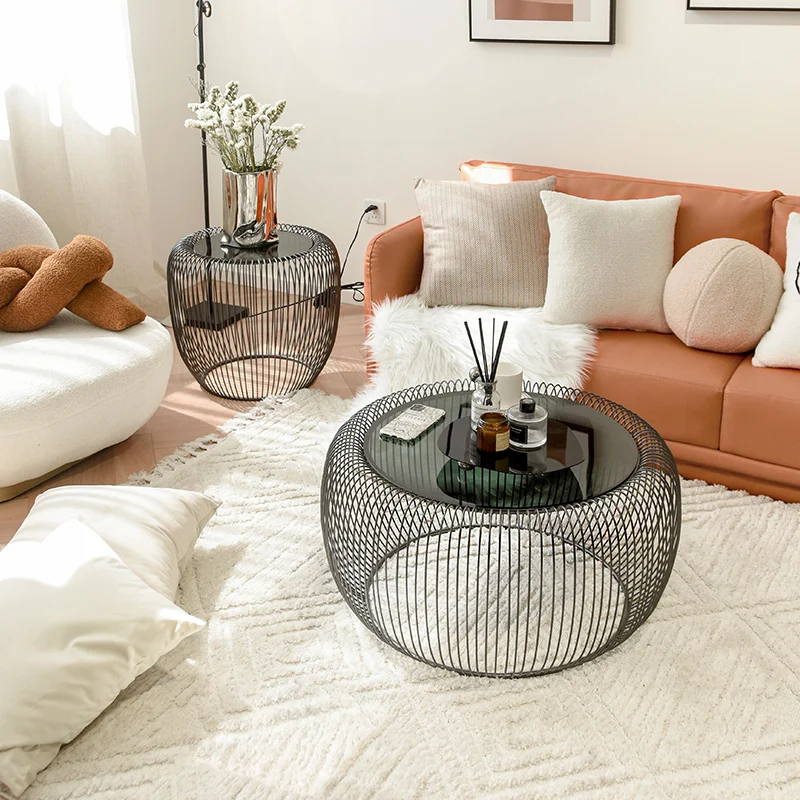 

Nordic light luxury coffee table, living room, household round small apartment, simple modern wrought iron tempered glass edge