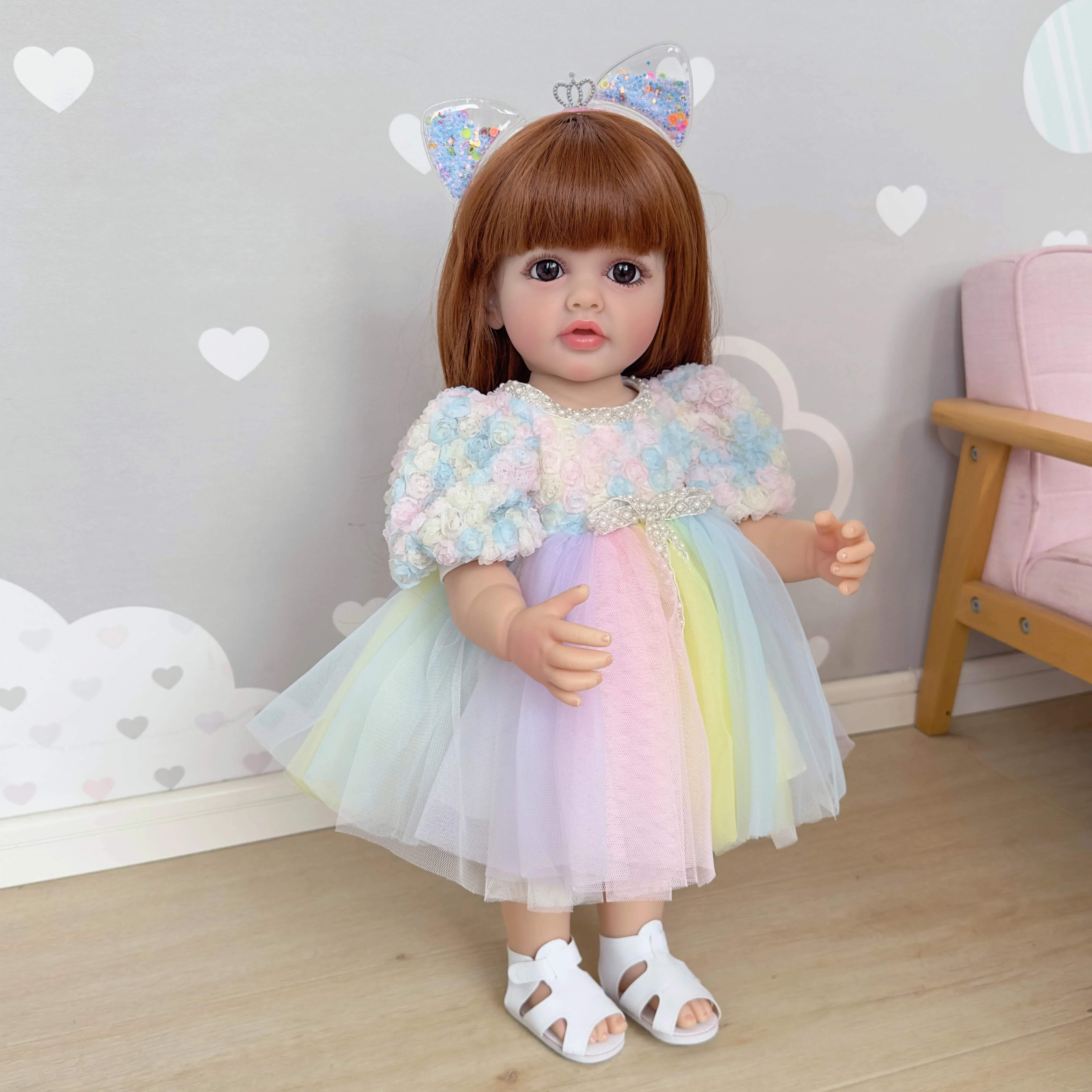 22inch Betty Newborn Full body Silicone Vinyl Lifelike Reborn Can stand Toddler Girl Doll Princess with Long Brown wig Hair