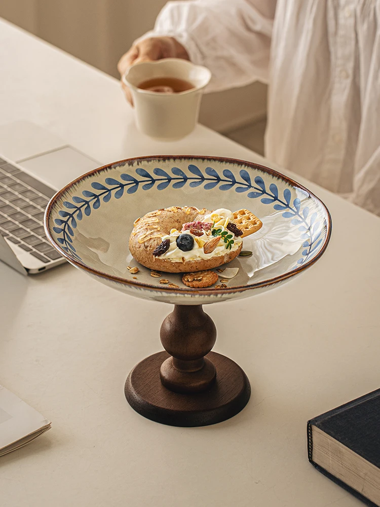 Wooden High-legged Fruit Plate Living Room Household Tableware Kitchen Ceramic Snack Plate Light Luxury Retro Dried Fruit Tray