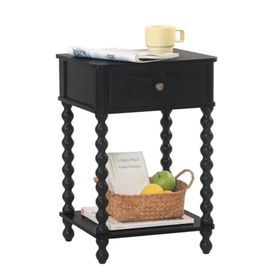 

Black nightstand for bedroom and living room use, spindle wood legs, compact bedside end table with drawer, ideal for bedroom o