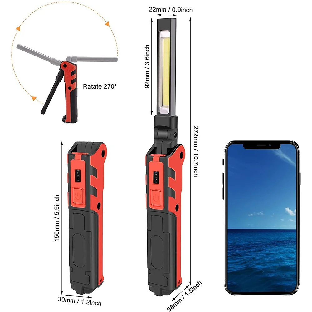 المحمولة LED ضوء العمل USB قابلة للشحن مصباح يدوي قابل للطي خطاف مغناطيسي مصباح يدوي 270 °   قاعدة تدوير لإصلاح التخييم في الهواء الطلق