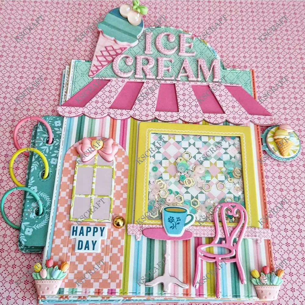 KSCRAFT Ice Cream Parlor Mini Album Metal Cutting Dies Stencils for DIY Scrapbooking Decorative Embossing DIY Paper Cards